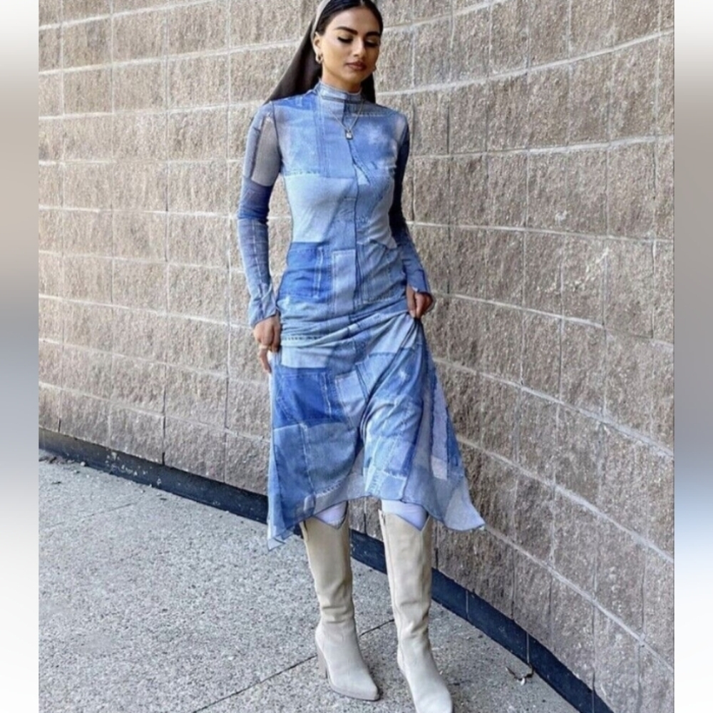 ZARA Patchwork Tulle Long Stretch Dress Size-M - Picture 14 of 15